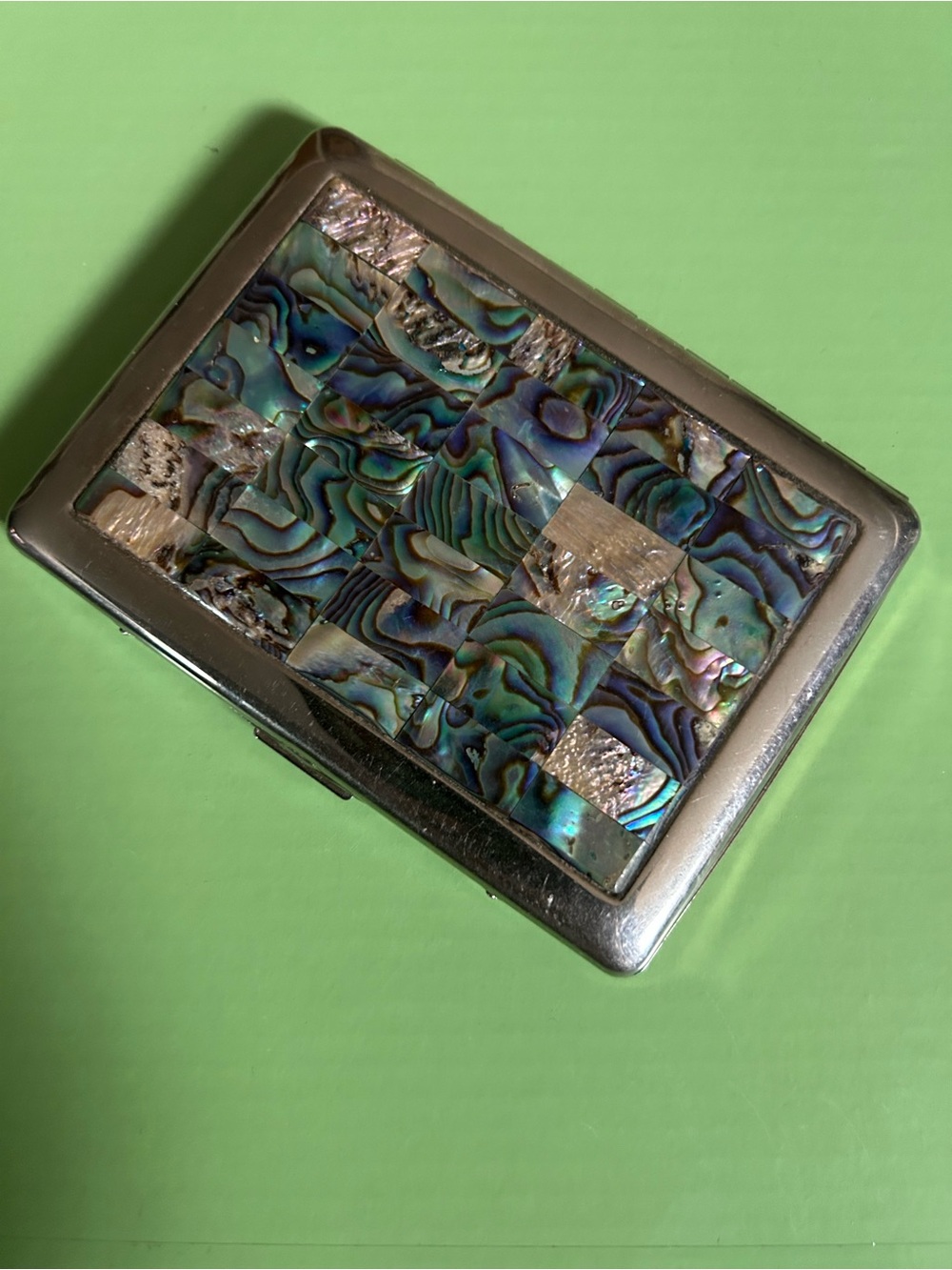Colibri Abalone Mosaic Silver Tone Compact Case - Iridescent Blue Green